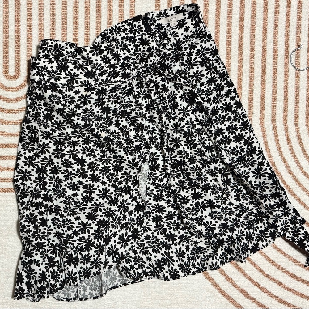 LOFT Black and White Asymmetrical Wrap Floral Skirt